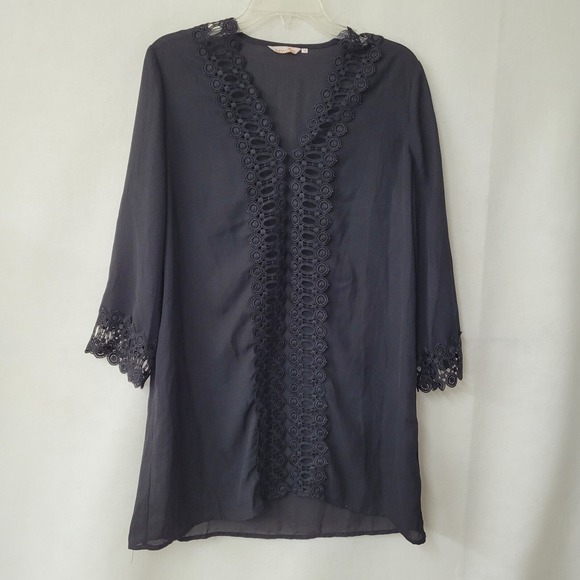 Miyang Black Tunic Dress with Crochet Trim - Elegant Casual Cover Up Medium - Picture 1 of 13